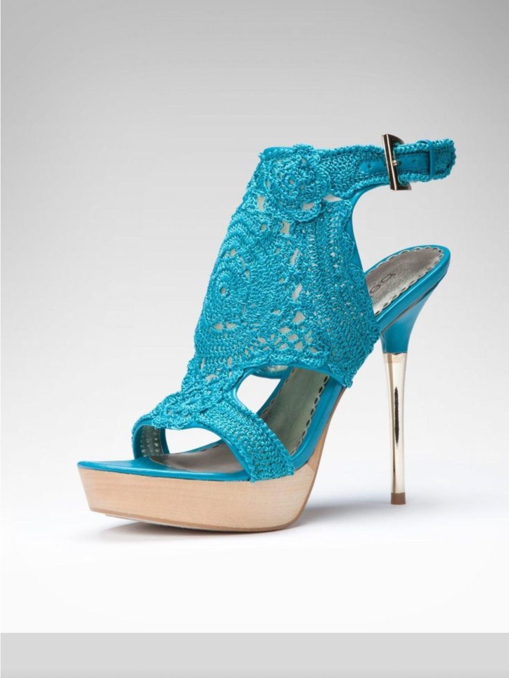 bebe Turquoise Crochet Platform Ankle-Strap Heel